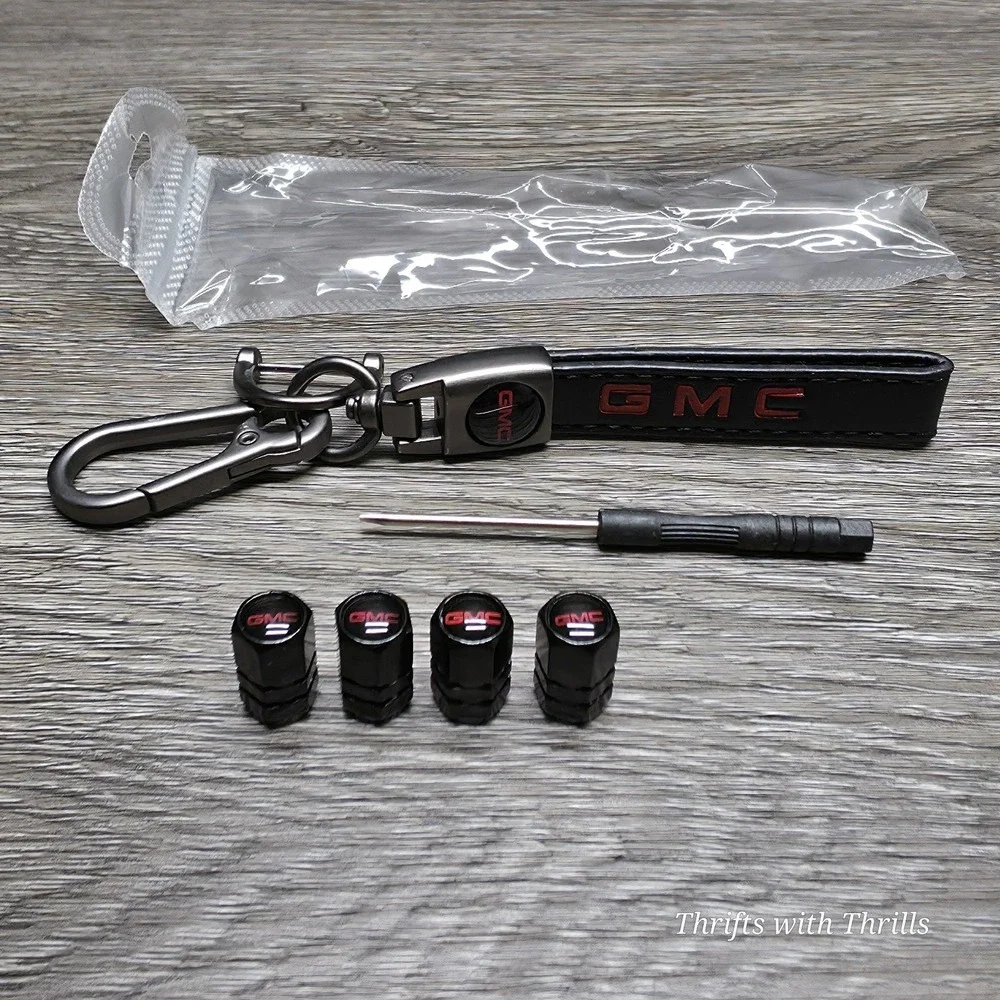 GMC Black And Red Keychain - Key Fob Holder With 4 Valve Caps - New